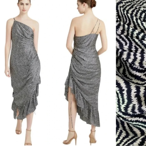 NWT Cinq a Sept Silk Christel Ruched One Shoulder White Navy Midi Dress Size 0 - Picture 1 of 13